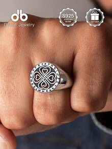 1pc S925 Sterling Silver Nordic Viking Rune Symbol Ring, Celtic Knot Four-Leaf Clover Vintage Punk Style Ring For Men, Hollow Celtic Heart Design, Suitable For Daily Wear And Parties, Gift Box Included - Four-leaf Clover Kuhn Rune - View 5