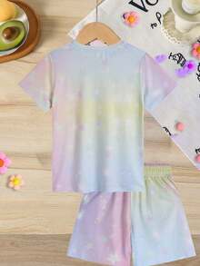 Disney Collaboration Collection, Lilo & Stitch Print Set, Gradient Color Set, Starry Sky  Print Set, Casual Sports Top And Shorts Set, Suitable For Children Ages 4–12, Holiday Gifts, Birthday Gift Sets, Y2K Street Style.D-I-S-N-E-Y Outfits Women.D-I-S-N-E-Y Tshirt.D-I-S-N-E-Y Shirts.Tween Girl Clothes.Summer - Baby Pink - View 3