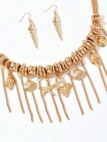 2pcs/Set Luxury Vacation Style Gold-Plated Alloy Starfish, Shell, Conch & Tassel Faux Pearl Necklace And Earrings Set, Suitable For Beach Party, Vacation, Commute, Elegant Jewelry - Yellow Gold - View 6