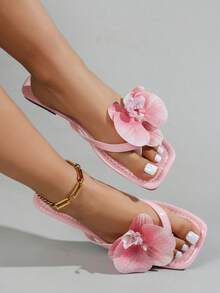 Breezelady New 2025&2026 Large Size European Style Summer Open Toe Faux Flower Decor Flat Slide Sandals For Women - 粉色 - 查看 5