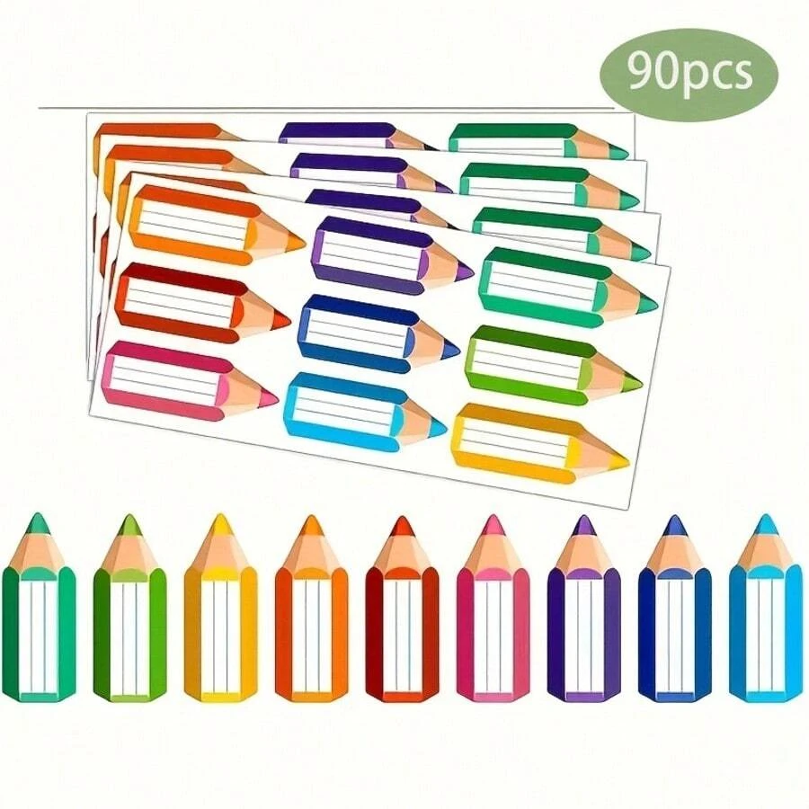 90pcs Of 9.14x3.05 Cm Colored Pencil Name Label Stickers - Student Desk Pencil-Shaped Classroom Name Tag Stickers, Suitable For Teacher Supplies