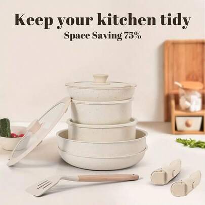 便携式炊具套装。轻便不粘可拆卸炊具，包含汤锅和煎锅。三件套节省空间设计，适合小型厨房，易于清洁，并兼容电磁炉。