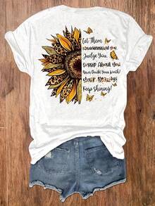 Women'S Inspirational Sunflower & Quote Graphic Print T-Shirt - Casual Vacation Short Sleeve Round Neck Top, Medium Stretch Machine Washable White Tee For Casual Attire, Cute Shirts For Summer, Beach Clothing, Nontransparent MaterialLoose Fit Benito Bowl,Big Game, Football Fast Delivery Women'S Casual And Stylish Short-Sleeved Printed Shirt/T-Shirt, Breathable, Suitable For Outdoor Sports, Everyday Wear, Birthday Gifts, Christmas Gifts, Halloween Gifts, Or As A Commemorative Shirt For Friends Or Loved Ones. Also Suitable As A Pullover - trắng - Xem 4