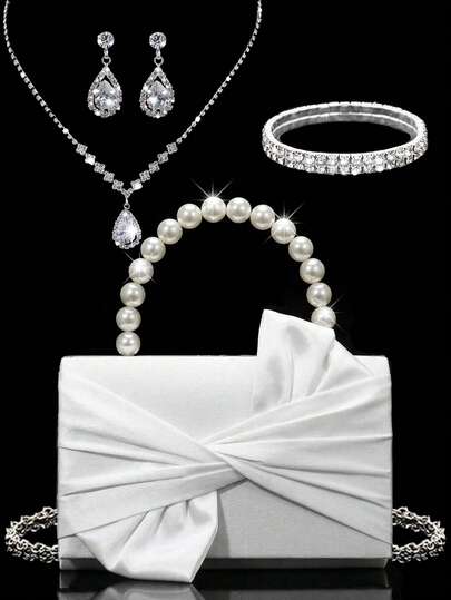 Conjunto de joyería de noche elegante y lujoso de 4 piezas, con colgante de strass exquisito, pendientes, pulsera, bolso de satén con forma de mariposa y floral para eventos, bolso de mano elegante con decoración de perlas falsas y lazo, bolso de mano con forma de caja con strass para fiestas formales/bodas/cumpleaños, regalo ideal, bolso de perlas