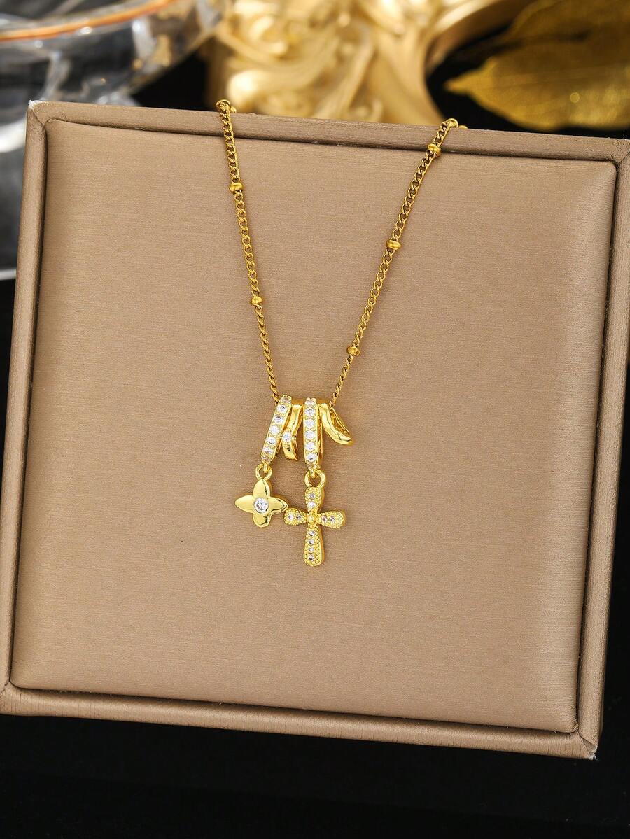 1件 Y2K 甜美酷炫风格镀金镶钻十字四叶草滑扣吊坠项链，适合女性，节日街头风日常佩戴，耶稣升天节礼物 - 金色 - 查看 1