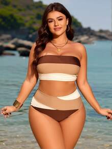 Vintage Neutral Tone 2 Piece Swimwear, Striped Bandeau & High Waist Bottom - Nhiều màu - Xem 2