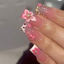 24pcs, Sweet Rhinestone Leopard Print Nail Stickers For Women, Featuring Sweet Pink Leopard Print, French Manicure, And 3D Floral Crystal Decor Design. Suitable For Girls/Women For Daily Wear, Parties, And Celebrations. - 粉色 - 查看 3