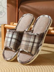 Sandal Rumah Minimalis Asimetris Motif Kotak-kotak untuk Pria, Cocok untuk Musim Semi, Gugur, dan Dingin - Coffee Brown - View 12