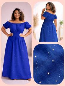Plus Size Evangelical Long Dress, Adult, Duna Pipoca Elastex, Two Ways To Wear, One Size Fits 36-46, Updated Elegance, Comfort & Style, Boho Elegant, Party, Gathered Fabric, Ruffled Hem, Ruffled Dress, Holiday, Vacation, Daily, Home, Summer - 寶藍色 - 查看 1