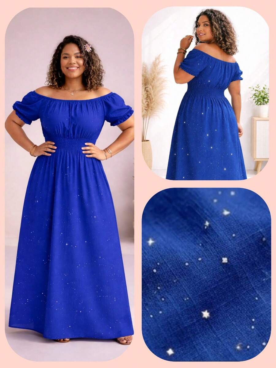 Plus Size Evangelical Long Dress, Adult, Duna Pipoca Elastex, Two Ways To Wear, One Size Fits 36-46, Updated Elegance, Comfort & Style, Boho Elegant, Party, Gathered Fabric, Ruffled Hem, Ruffled Dress, Holiday, Vacation, Daily, Home, Summer - 寶藍色 - 查看 1