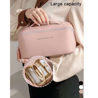1 pieza Bolsa de maquillaje de viaje de cuero PU, organizador de brochas de maquillaje de varias capas, bolsa de almacenamiento de cosméticos impermeable, bolsa de tocador multifuncional para cuidado de la piel, maquillaje, brochas, polvos, lápices labiales, adecuada para playa, escuela, baño, vacaciones, Día de San Valentín, Navidad, regalo para familiares y amigos