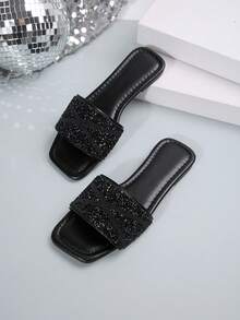 女士单带水钻凉鞋，休闲百搭户外塑料平底拖鞋 - 黑色 - 查看 1