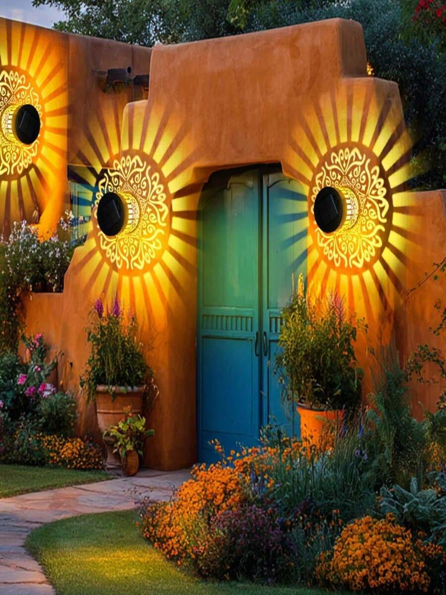 1/2PCS Solar Mandala Wall Lighting, Waterproof Outdoor Projection Night Light Auto On/Off, Aesthetic Lamp With LED Bulbs For Garden Fence Patio Wall Yard Pathway, Boho Garden Lights Gift Home And Outdoor Wall Art Decor - 多色 - 查看 1