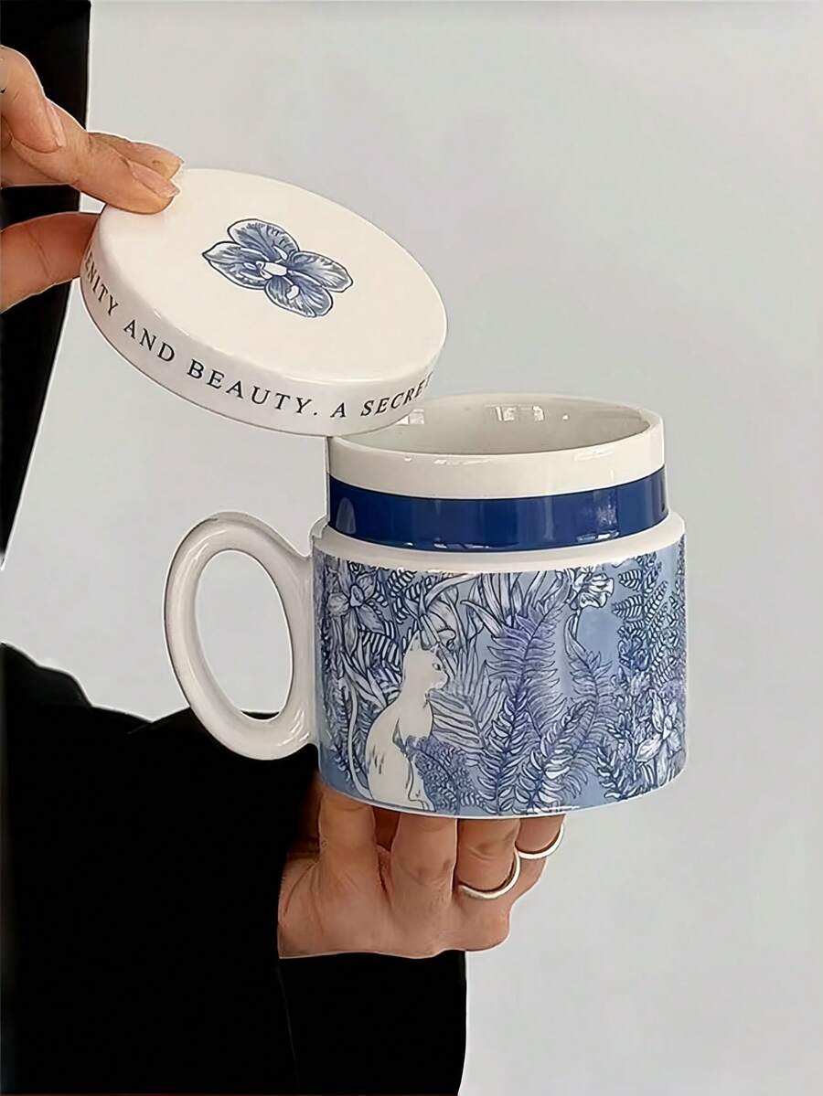 1pc Hand-Painted Blue And White Cat & Bird Ceramic Mug With Lid, French Blue And White Cat Latte/Coffee Mug With Lid, Retro Blue And White Cat Milk/Juice Mug, Suitable For Restaurant, Living Room, Cafe - Multicolor - View 1