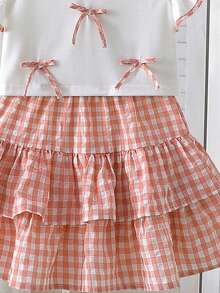 Toddler Girls' Summer Sleeveless Ruffle Trim Bow Decor Top & Plaid Ruffle Hem Skirt Elegant 2-Piece Set - Pink - View 4