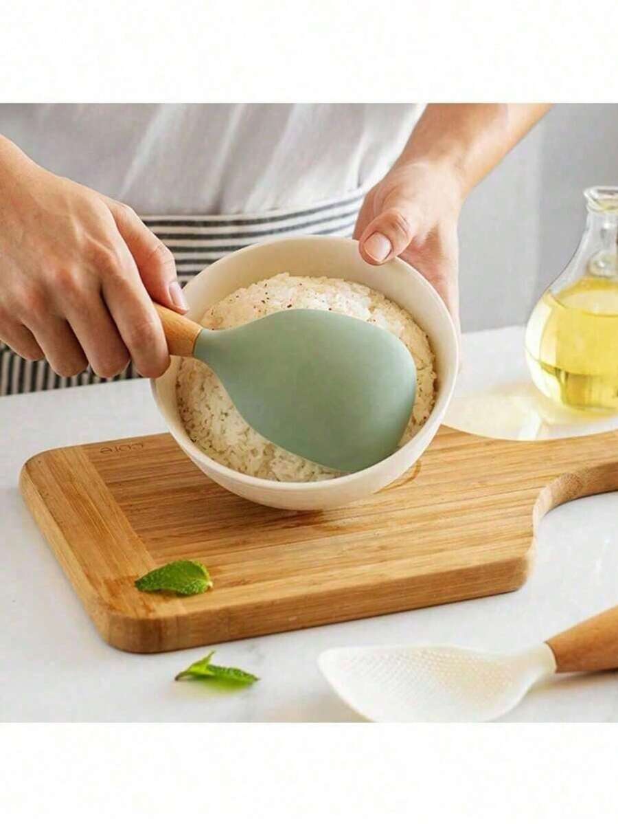 Cuchara de arroz con mango de madera, espátula vertical antiadherente para servir arroz, herramienta de cocina con soporte - Multicolor - Ver 1