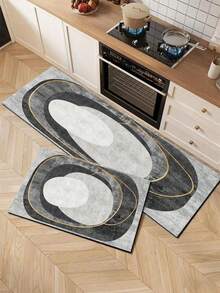 1 tấm thảm bếp cao cấp hiện đại, họa tiết hình học trừu tượng, làm từ gel silica, với các khối hình elip màu xám và trắng bất đối xứng làm nền, được tô điểm bởi các đường cong vàng mềm mại, tạo hiệu ứng thị giác tối giản, thanh lịch và nhiều lớp. Thảm bếp thời trang cao cấp, thảm chống mỏi chân, chất liệu vải bề mặt, lớp xốp thấm hút ở giữa. - Nhiều màu - Xem 1