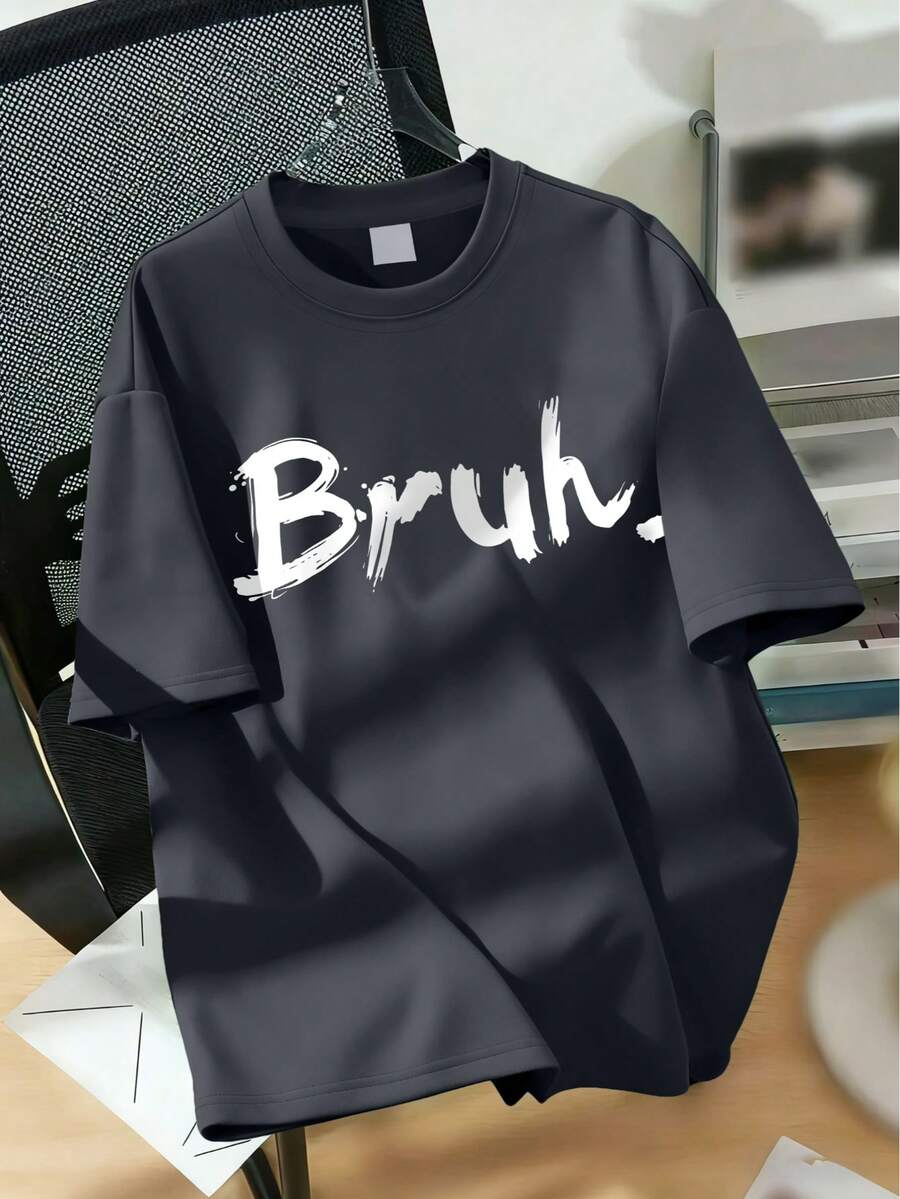 1pc Boys' "Bruh." Graphic Casual Short Sleeve T-Shirt, Street Style, Essential For Daily Outings And School Activities, Spring/Summer - Dark Grey - View 1