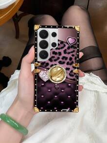 1pc Multi-Color Leopard Print With Heart-Shaped Key Pattern Rectangle Stylish Shockproof Phone Case, With Rhinestone Mirror Ring Holder Stand, Compatible With Samsung Galaxy S26 Ultra/S26/S26 Plus/S25FE/S25Ultra/S25+/S25/S24 Plus/S24/S24U/S23 Ultra/S22ULTRA/A56 5G/A36/A17/A16 And 17proamx/17/16 Promax/16/15PRO Max/15/14 Plus/15plus/14 Pro Max/13promax Models. [International Version, Not Domestic] - Multi-color + Ring Holder - View 6