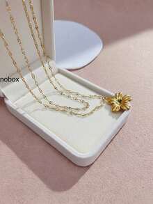 1pc Stainless Steel 18K Gold Plated Double Layer Floral Pendant Necklace, Elegant & Versatile Daily Decoration For Women ZBLY - Gold - 查看 6