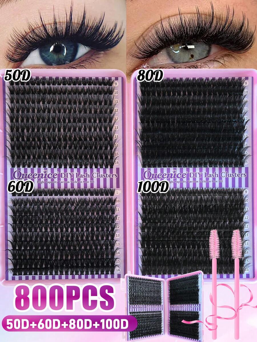 Queenice 800 Clusters Mixed-Length False Eyelashes, Including 50D, 60D, 80D, 100D Four Specifications Of Segmented False Eyelashes, Various Styles, DIY At Home, Natural And Thick Effect, Ideal For Fluffy, Dense, Voluminous And Exaggerated Makeup Looks, Perfect Gift For Mother's Day, Valentine's Day, Easter, Christmas - D - View 1