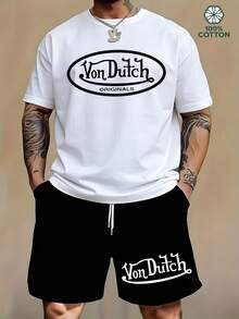 Y2K Retro Men's Two Piece Outfit, Classic VonDutch Style Logo Print Casual T Shirt And Shorts Set.Graphic T Shirt.Mens Clothes.Shorts.Men 2 Piece Set.Cotton Graphic Tees.Graphic Tees.Summer Clothes.Conjunto Para Hombre.Men's.Men Clothes.Mens.Men Two Piece Set.Ropa Para Hombre.Hombres Ropa.Man Clothes.Men Clothing - 白色 - 查看 2