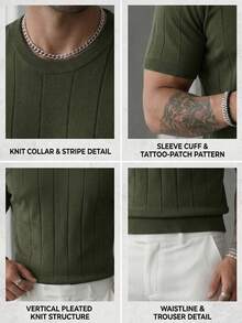 GRDR Men's Summer Knit Solid Ribbed Short Sleeve Sweater, Sporty Casual, Suitable For Outdoor Activities - Army Green - View 11