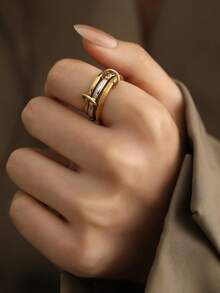 Anillo apilable multicapa de acero inoxidable, diseño versátil con elegante estilo INS de incrustaciones de rhinestone - Oro 10 - Ver 3