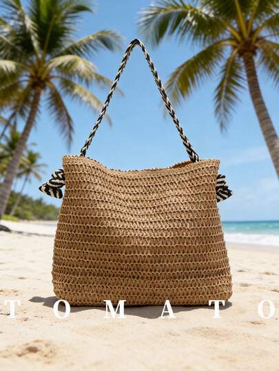 1pc Summer New Women's Woven Shoulder Bag, Large Capacity Straw Casual Underarm Bag, Versatile Beach Shoulder Bag, Fashion Vacation Beach Bag, Magnetic Closure, Hollow-Out Design