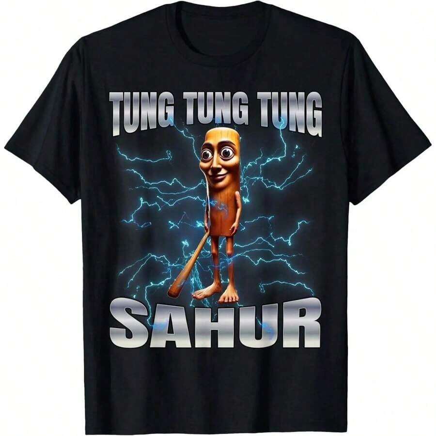 Cotton Unisex Tung Tung Tung Sahur T-Shirt Women Graphic Shirts,Mens Clothes,Graphic Tees Men,Graphic Tees Women,Mens Clothes,Graphic Tee,Cool Tee,Men,Ropa De Hombre,Funny Shirts,Summer Tops,Summer ,Vacation Outfits, Summer Tops UQLY - 黑色 - 查看 1