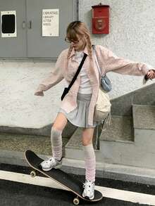 女士休闲长袖格子衬衫，单排扣设计，适合春夏季节穿着。 - 粉色 - 查看 5