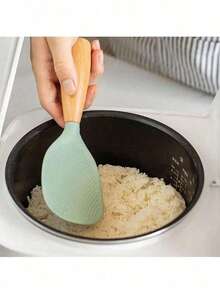 Cuchara de arroz con mango de madera, espátula vertical antiadherente para servir arroz, herramienta de cocina con soporte - Multicolor - Ver 6