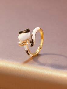 1pc Women's Adjustable Gold-Plated Open Cat Ring - Cute Enamel Animal Jewelry With Diamond Bow Stacking Rings - Multicolor - View 11