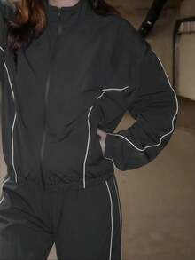 女士休闲运动套装，拉链外套和裤子套装，适合跑步、户外、徒步、健身，黑色夏季款 - 黑色 - 查看 3