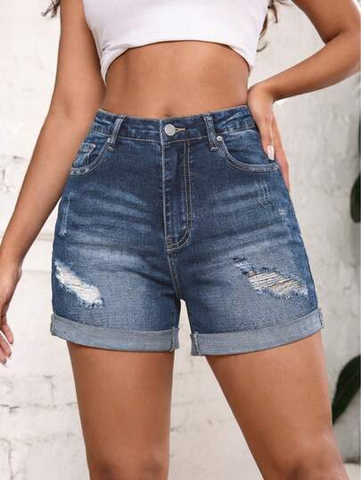 Hochbund Zerrissene Stretch Slim-Fit Umschlag Jeans Shorts