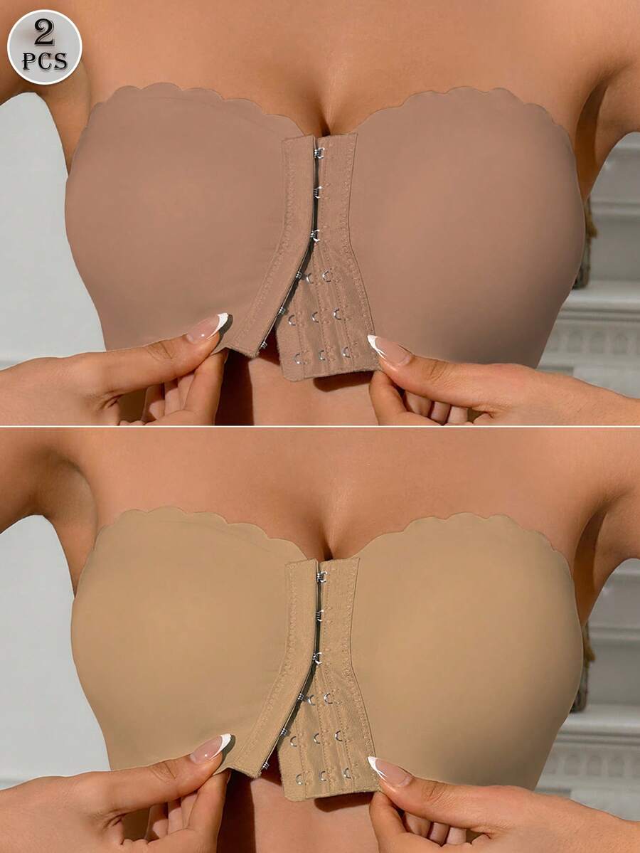 2pcs Front Closure Bandeau Bras, Upgraded Non-Slip Lining Wireless Seamless Bras, Suitable For A-C Cup Women - Multicolor - View 1