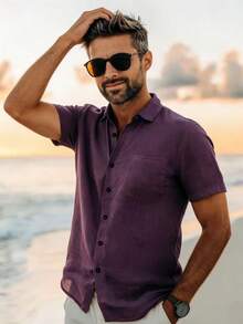 Men's Solid Color Casual Shirt, Outdoor Fashion Short Sleeve Shirt Jacket, Shirt, Fashionable Top, Beach Holiday Hawaiian Shirt - Purple - View 3