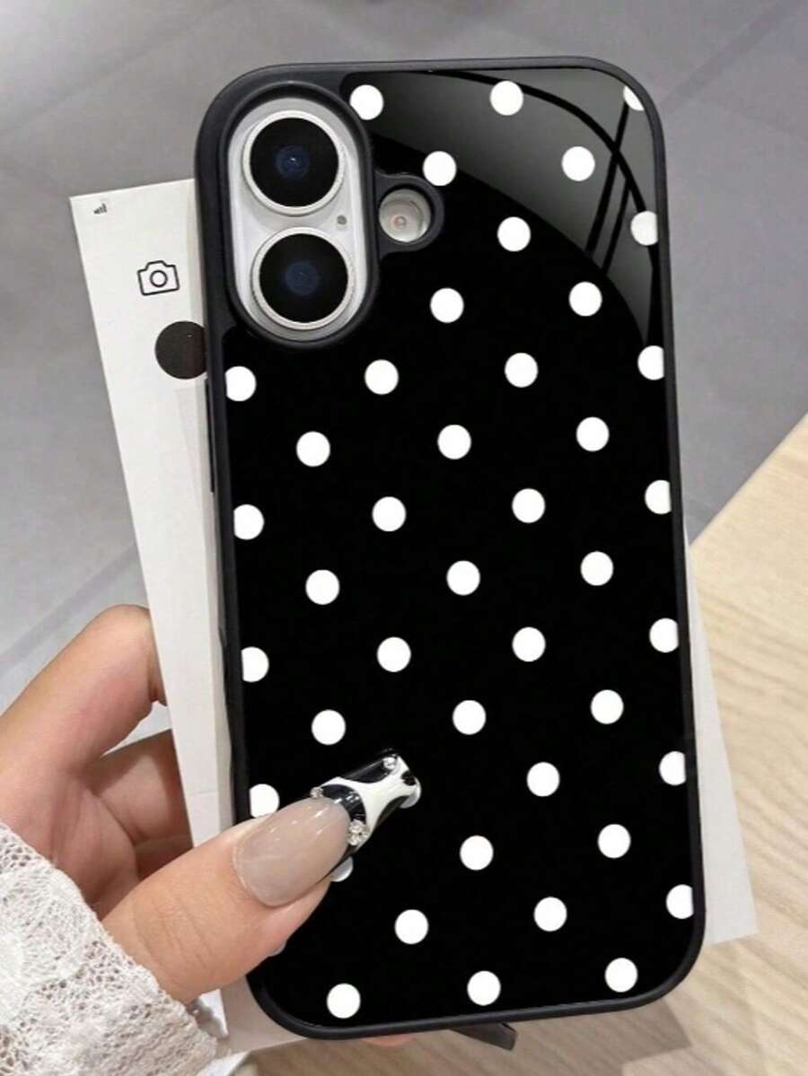 适用于 17/16/15/14/13/12/11/17 Pro Max/16 Plus/15 Pro 的极简黑白波点手机壳，Y2K 防震防尘保护套 - 黑色 - 查看 1