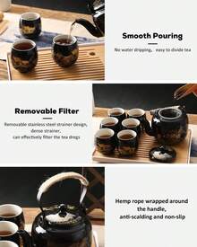 Dujust Juego de té japonés, juego de té de porcelana cian-azul con 1 juego de tetera, 6 tazas de té, 1 bandeja de té, 1 infusor de acero inoxidable, juego de té asiático para amantes del - Negro - Ver 4