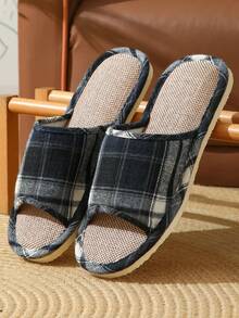 男士格子基础款面料不对称/简约家居拖鞋，适合春、秋、冬季穿着 - 黑色 - 查看 9