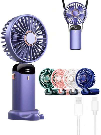 2026 New Handheld Mini Electric Fan, 1pc Electric Fan, Portable Handheld USB Rechargeable Fan, Neck Hanging Fan, USB Fan, 5 Wind Speeds, Digital Display And Lanyard, Portable Fan, Turbo Fan, 90° Foldable Desk Fan With Stand, Can Be Used As Phone Holder, Makeup Fan, Suitable For Office Desk, Dorm, Outdoor, Summer Travel