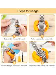 专业手表维修工具套装：包含螺丝刀、镊子、弹簧杆工具和表壳后盖拆卸器，适用于三种类型的手表 - 彩色 - 查看 7