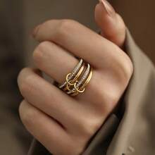 Anillo apilable multicapa de acero inoxidable, elegante diseño de moda con incrustaciones de cristal al estilo Ins, versátil y creativo - 9 de oro - Ver 2