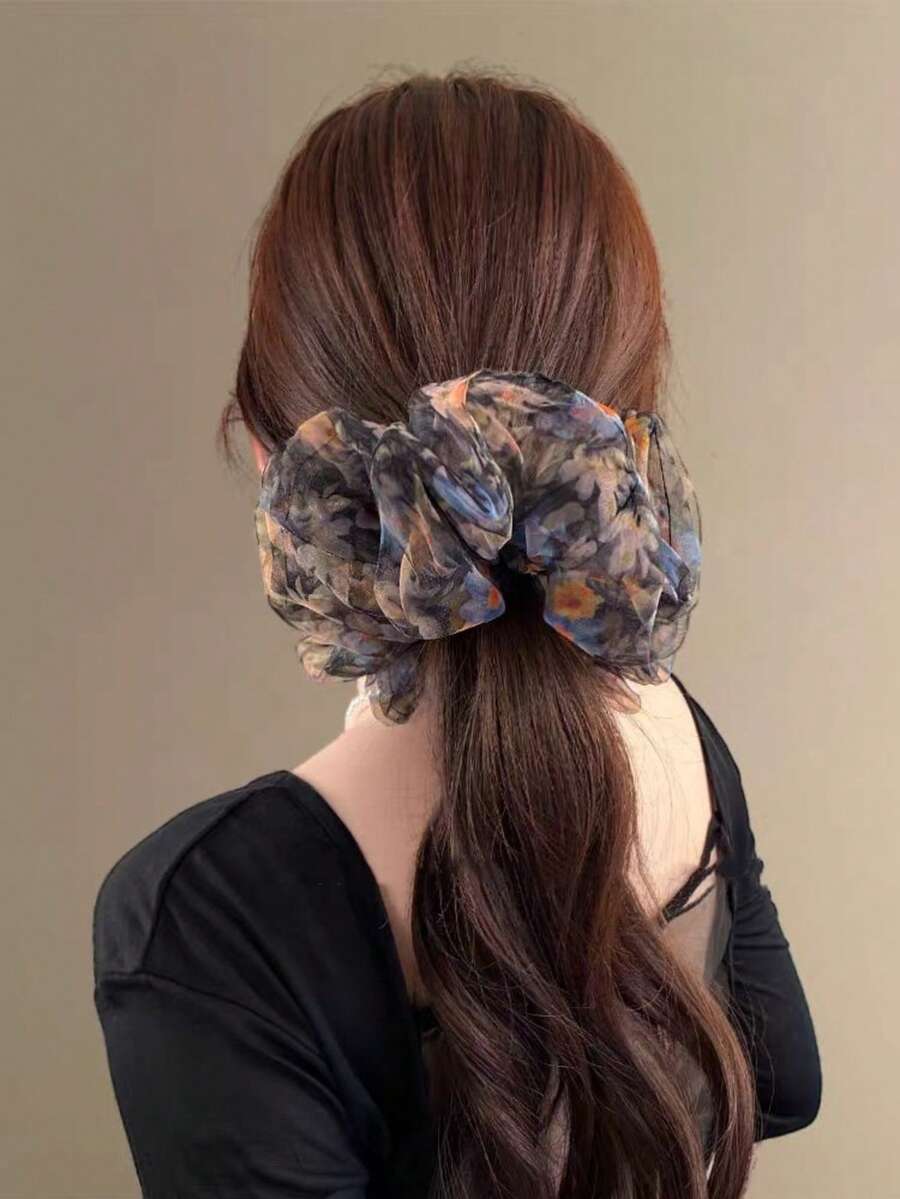 Floral Mesh Hair Scrunchies, Sweet Large Bun Hair Ties, Soft Elastic Hair Bands For Spring/Summer,Holiday,Travel