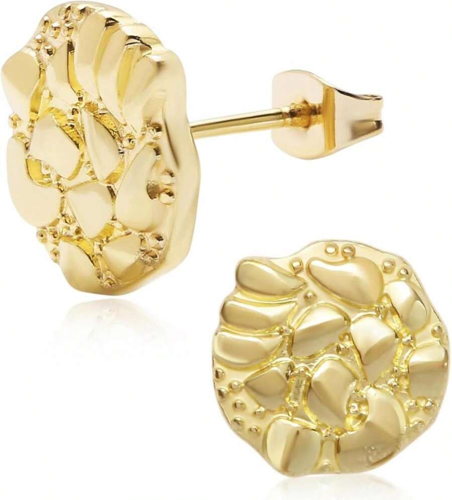 Gold Nugget Stud Earrings - 14k Gold Plated, Round, Rough Textured, For Women &Amp; Men - ColorA - View 1
