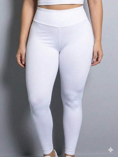 calça Leggings branca feminina em tecido altamente elástica, modelo regular para uso diário.