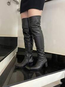 Lirom Women's Over-The-Knee Pleated Boot With Zipper, Long Shaft, Chunky Heel, Pointed Toe, Comfortable - màu đen - Xem 4