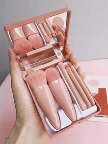 5pcs Portable Makeup Brush Set With Mirror, Makeup Brush Set With Case, Multifunctional Foundation Brush, Blush Brush (With Mirror Case), Multifunctional Mini Foundation Brush, Foundation Brush, Eyeshadow Brush, Blending Brush, Makeup Tool Set - Baby Pink - View 2