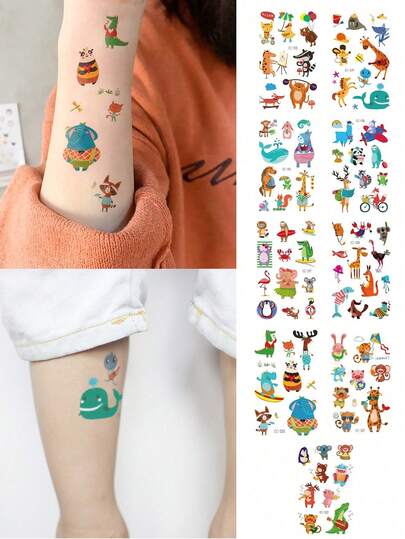 9张人体彩绘临时纹身贴纸，完美适用于女性。可爱有趣的卡通动物图案，防水仿真纹身，可持续2-5天。可用于手指、手部、手臂、颈部、胸部、腰部和腿部。是派对和送礼的理想之选。易于使用和去除。