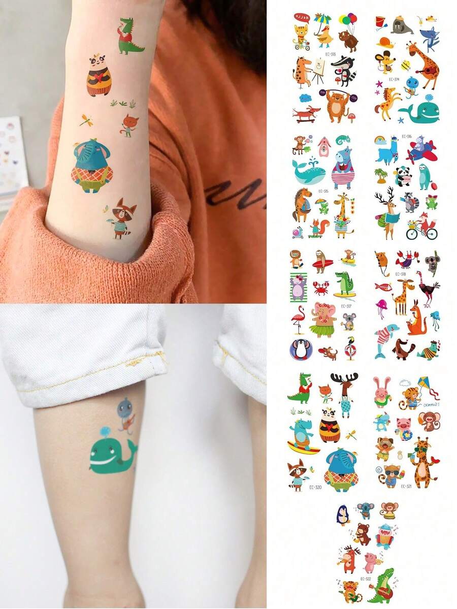 9 Sheets Body Art Temporary Tattoo Stickers, Perfect For Women. Cute And Fun Cartoon Animal Pattern, Waterproof Fake Tattoo, Lasting 2-5 Days. Can Be Used On Fingers, Hands, Arms, Neck, Chest, Waist And Legs. Perfect For Parties, Gifts. Easy To Use And Remove. - Multicolor - View 1